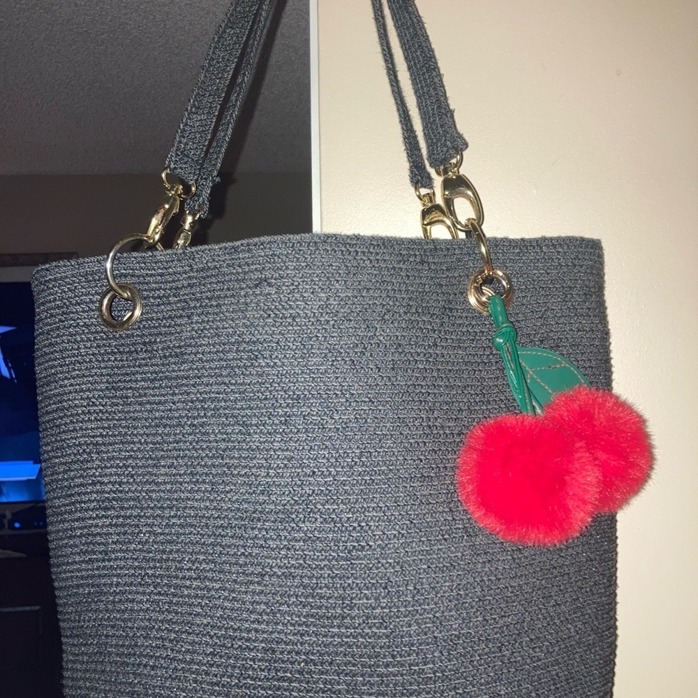 Stylish Blue/Black Tote Bag with Cherry Charm